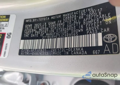 2018 Toyota Corolla Le from USA, damaged, VIN 2T1BURHE3JC989565